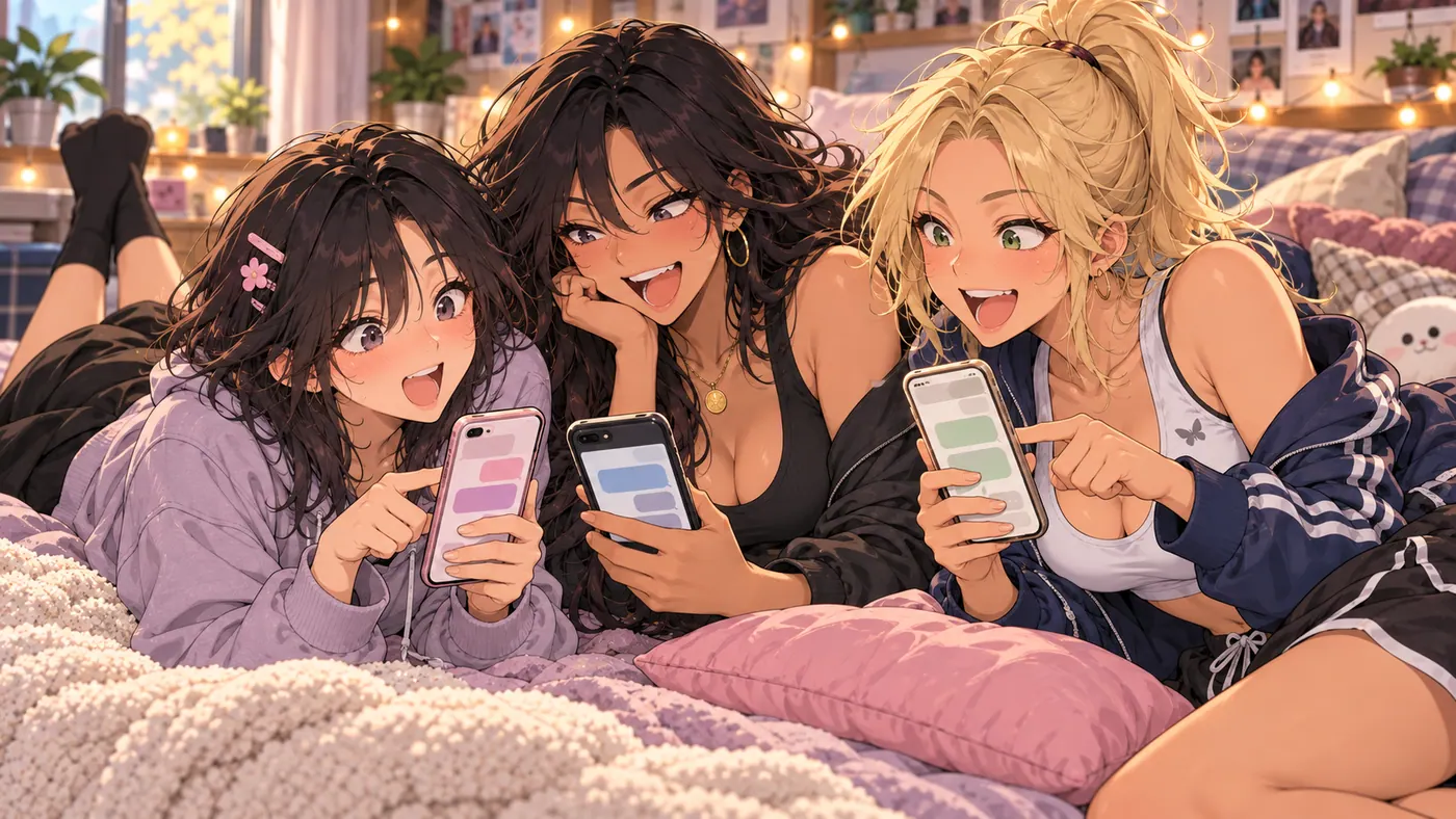 Three residents reading the group chat in bed