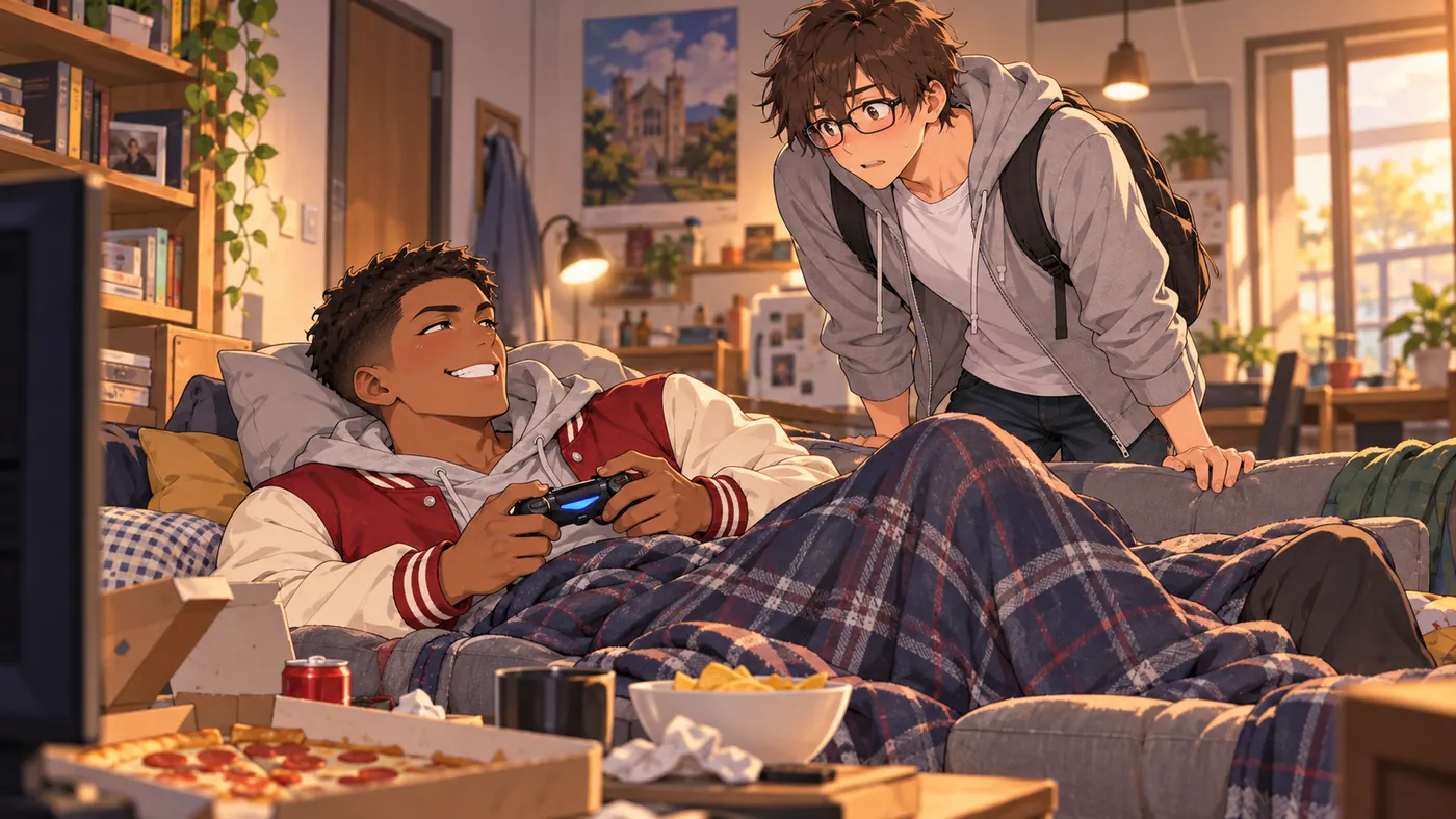Marcus on a borrowed couch with a pizza box