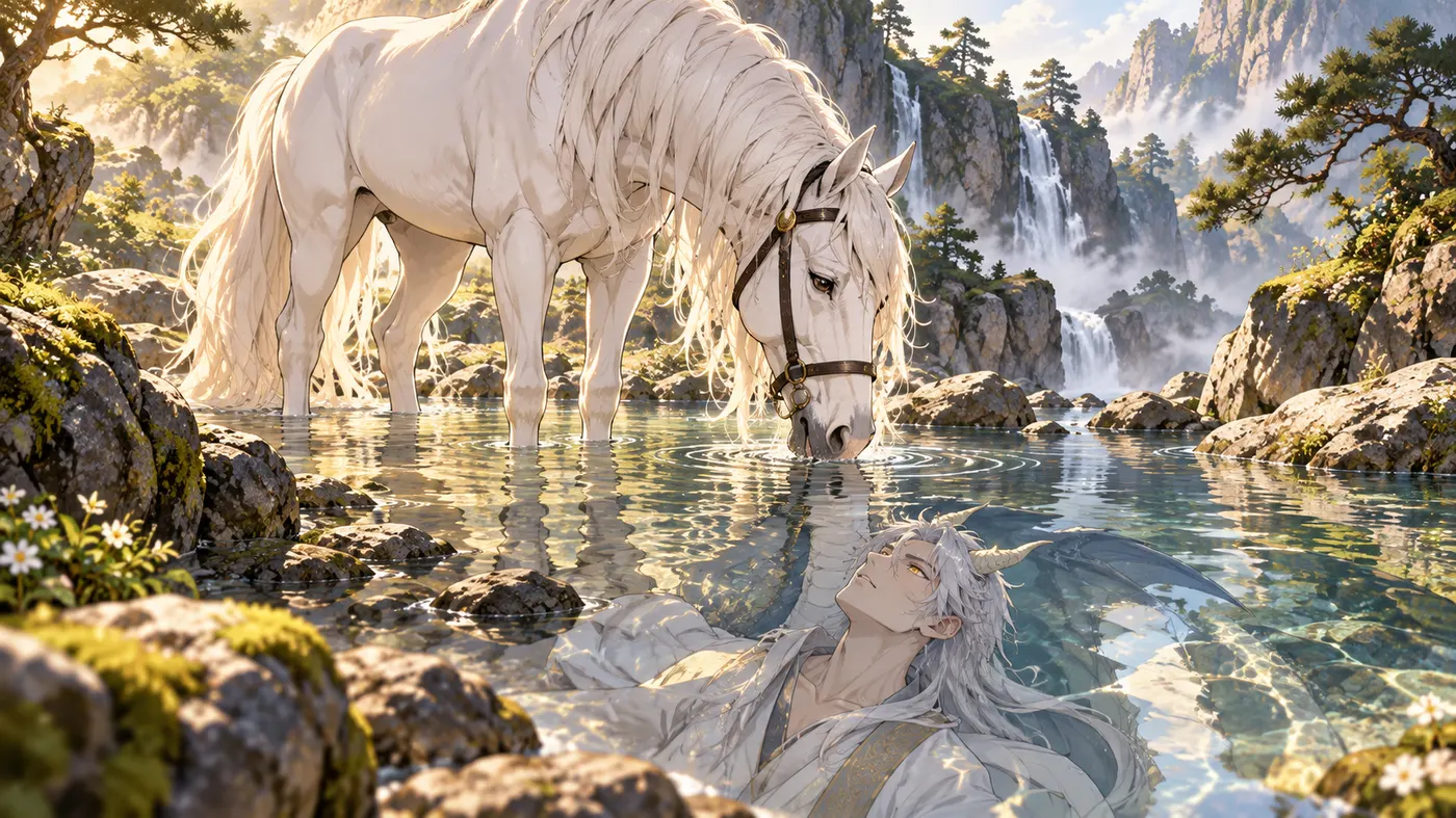 The white horse drinking at a river, a dragon's reflection in the water