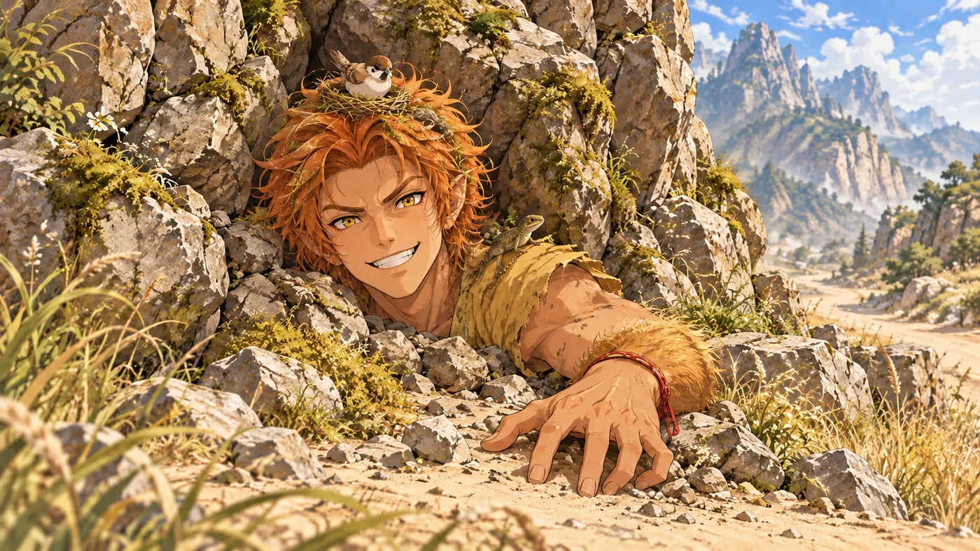 The Monkey King buried under Five Elements Mountain, grinning up at you
