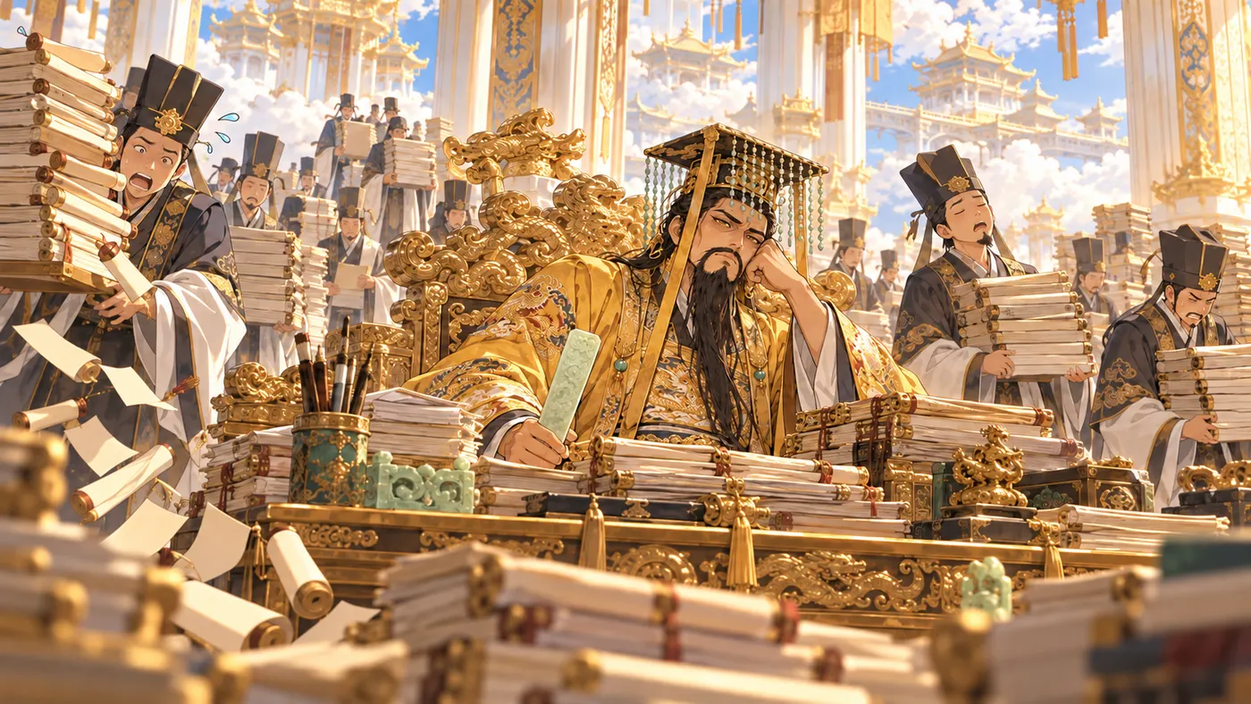 The Jade Emperor on his throne among endless paperwork