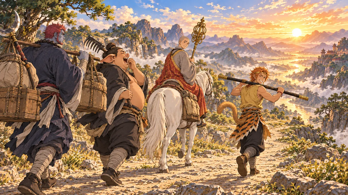 The pilgrims marching west at sunrise