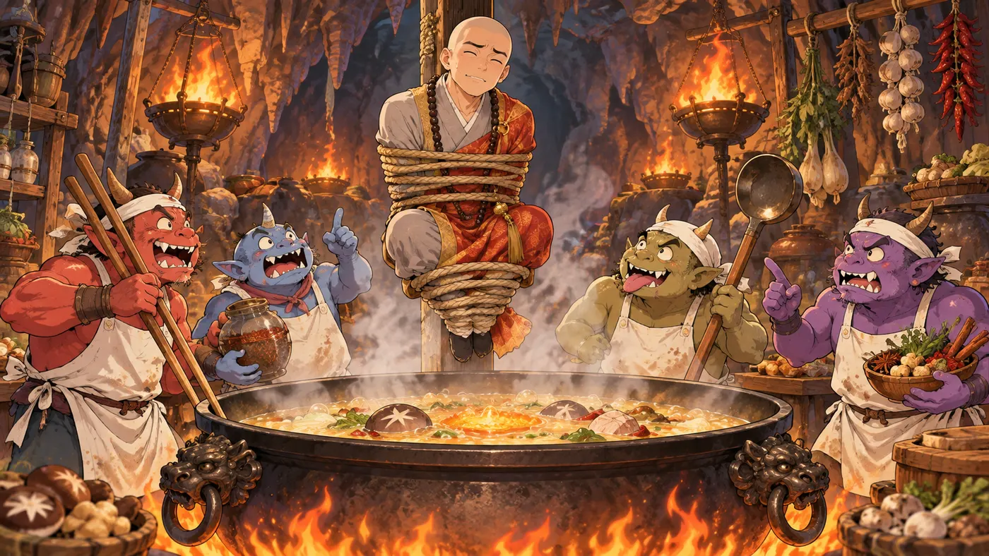 Demons preparing to cook the monk