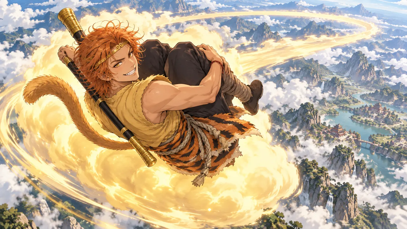 Wukong somersaults on a golden cloud