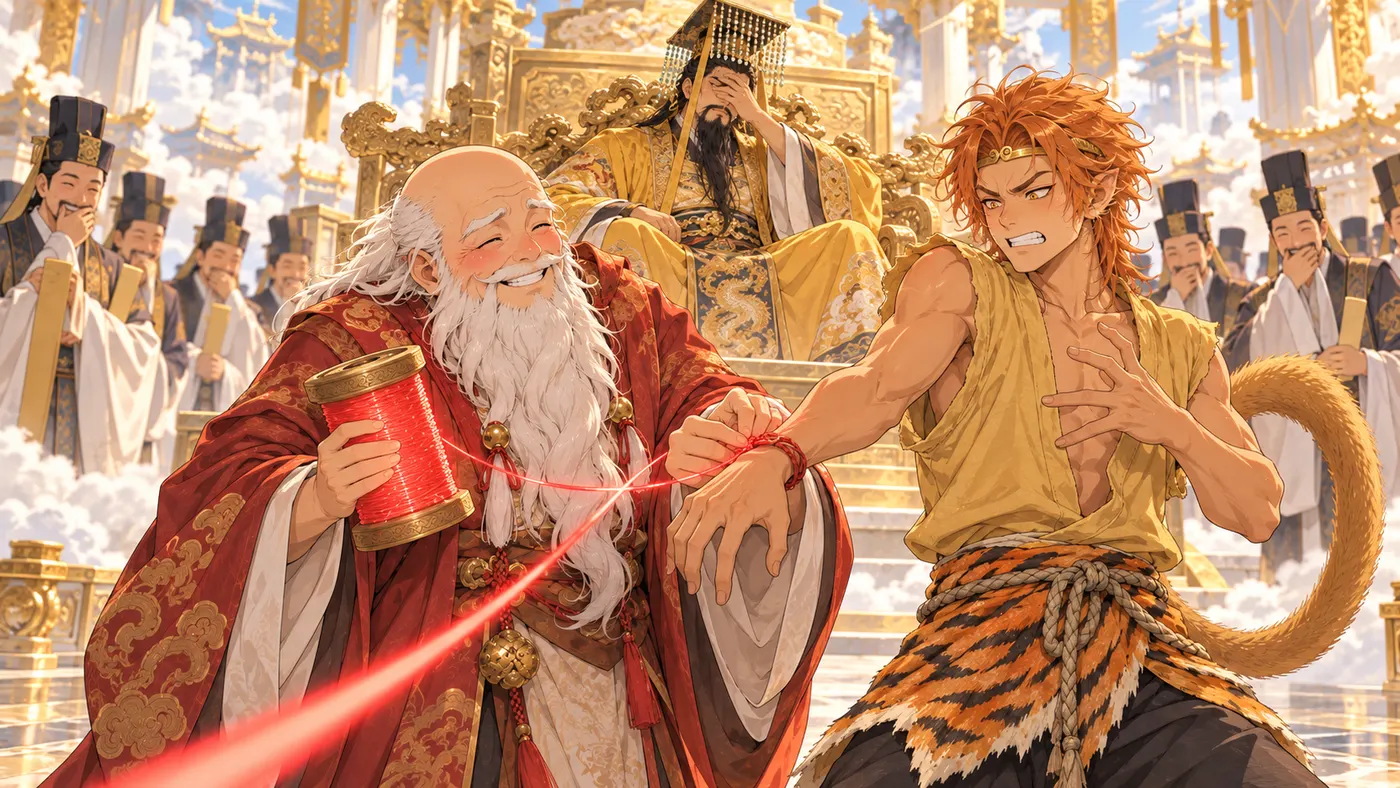 Yue Lao ties the red thread between you and the Monkey King before the Jade Court