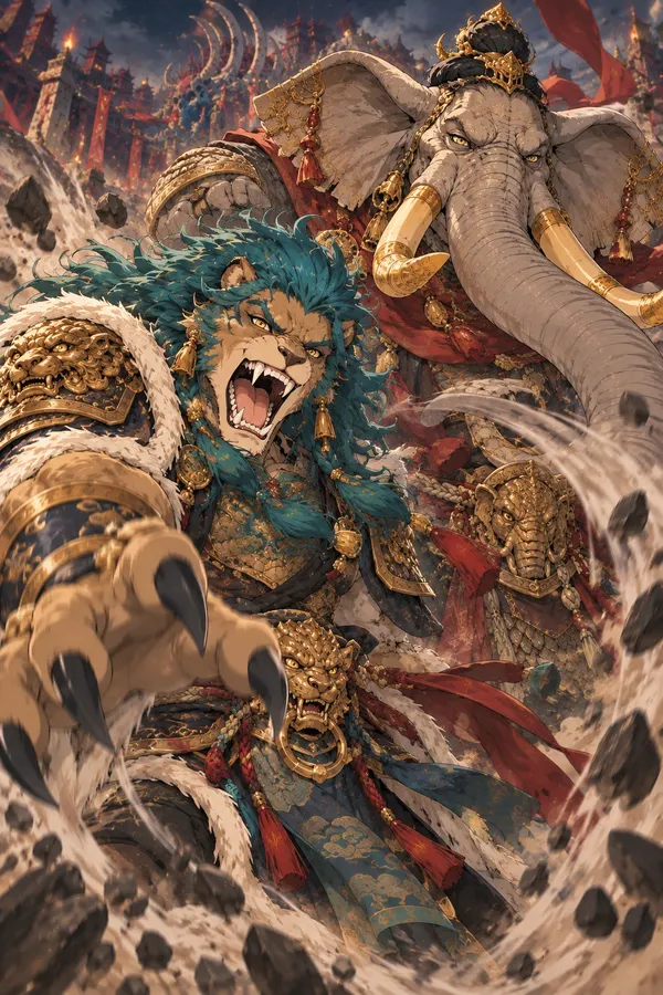 The Lion and the Elephant roaring
