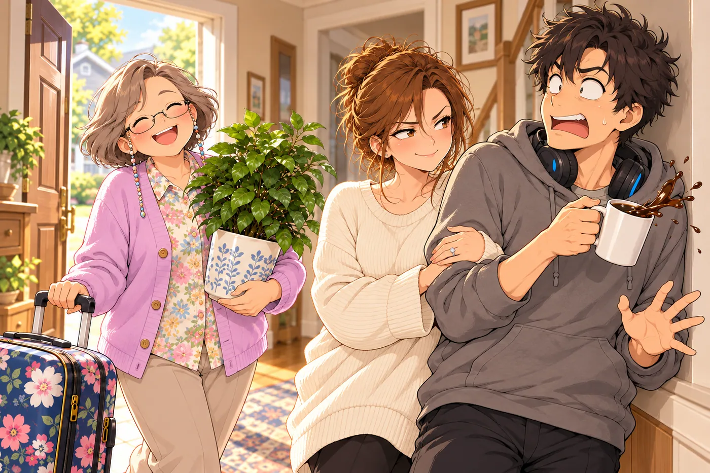 Diane arrives at the door with her ficus, Natalie smiling, you holding a coffee
