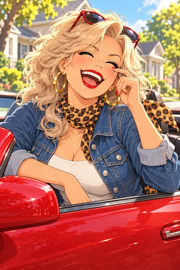 Bev, laughing in her red convertible