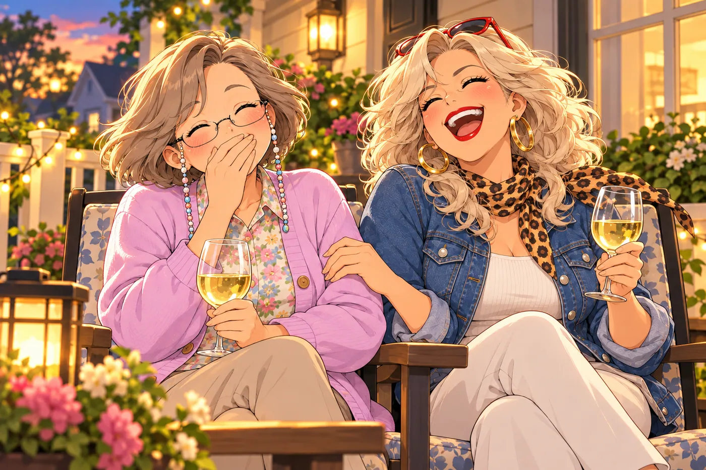 Bev and Diane laughing with wine on the porch