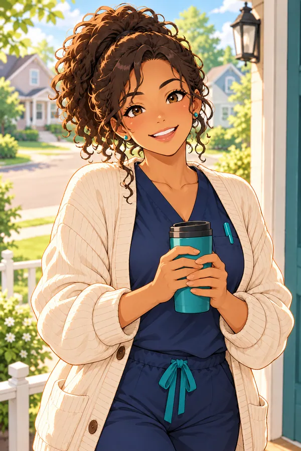Jess on her porch in scrubs