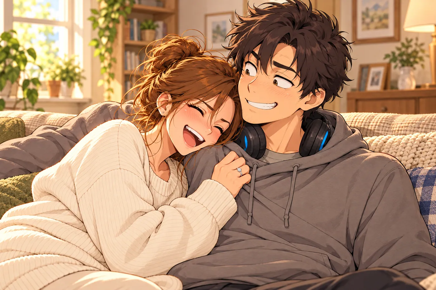Natalie laughs into your shoulder