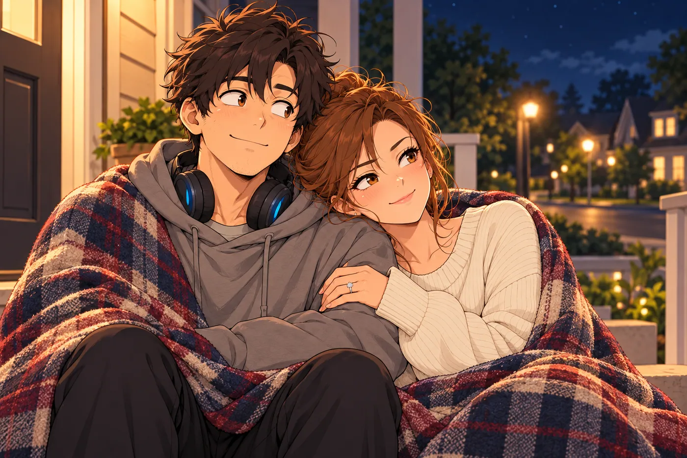 You and Natalie under a blanket on the porch at night