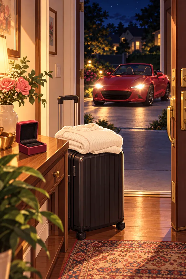 Natalie's suitcase by the open door at night, a red convertible waiting outside