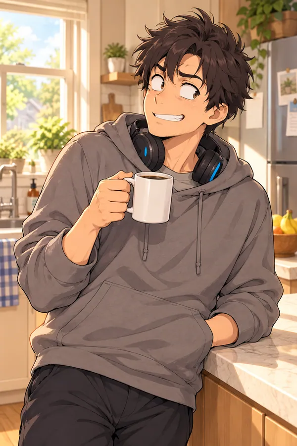 You, in a grey hoodie with headphones and a mug