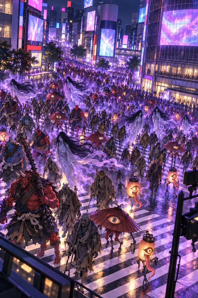 The Night Parade of One Hundred Demons fills the Shibuya scramble crossing: oni, pale ghosts, lantern spirits and umbrella yokai under the giant screens