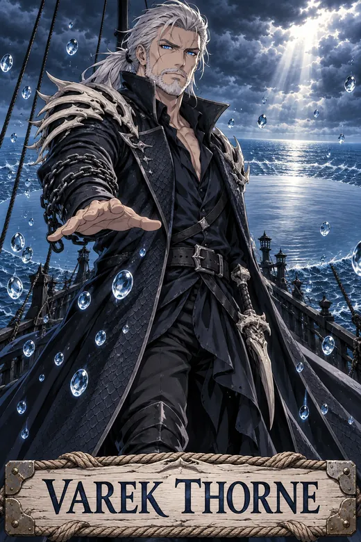 Varek Thorne, the Toll-Lord, reaching out a hand on the deck of his ship