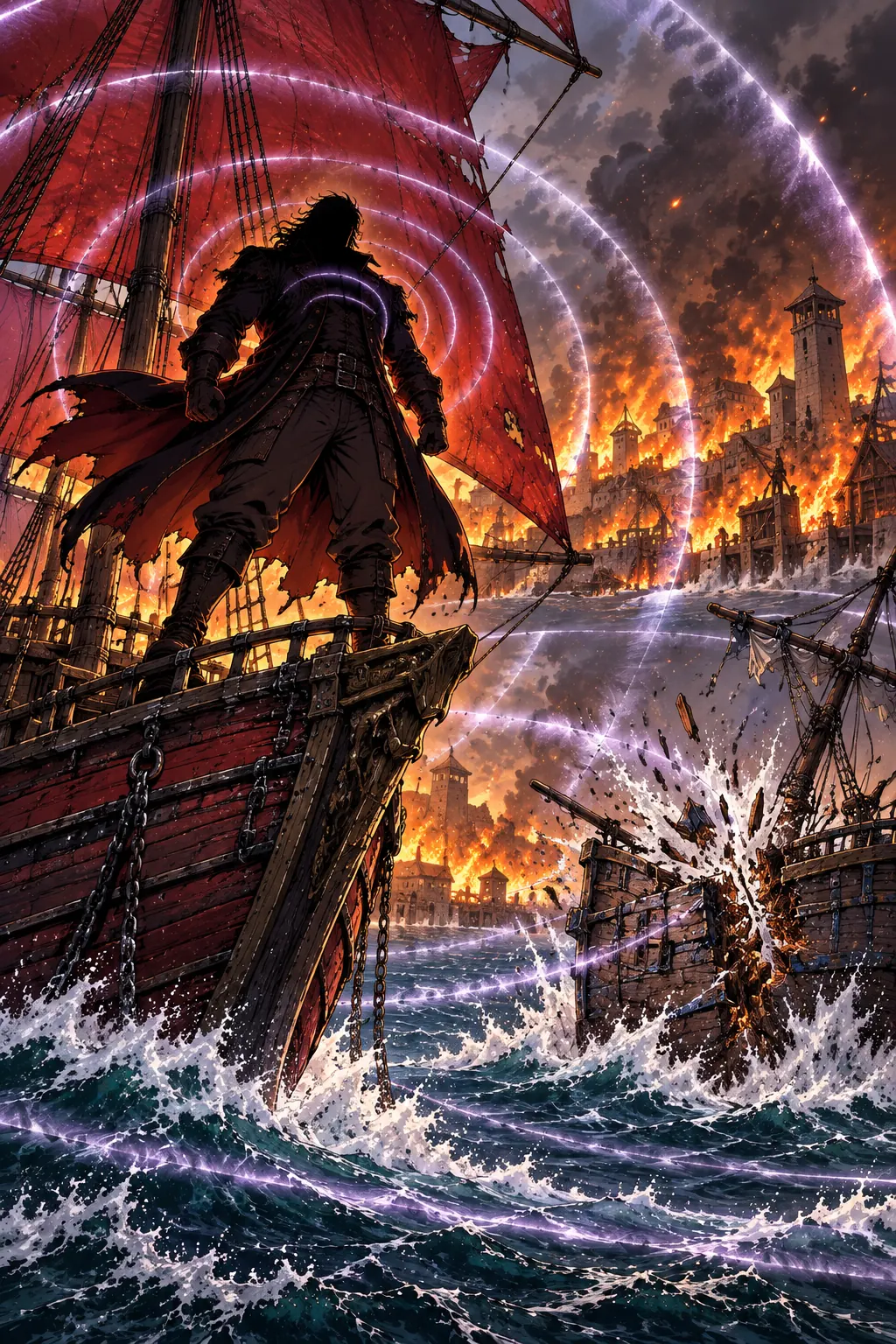 Dagmar Hale, the Red Tide, on a red-sailed ship before a burning port