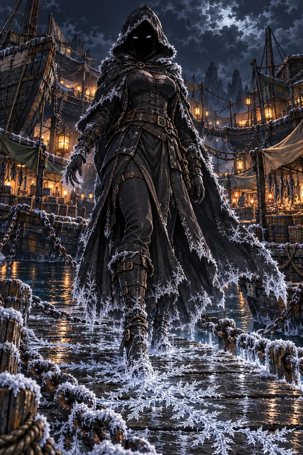 Kessa Morrow, the Saltwife, walking through her frost-bound floating market