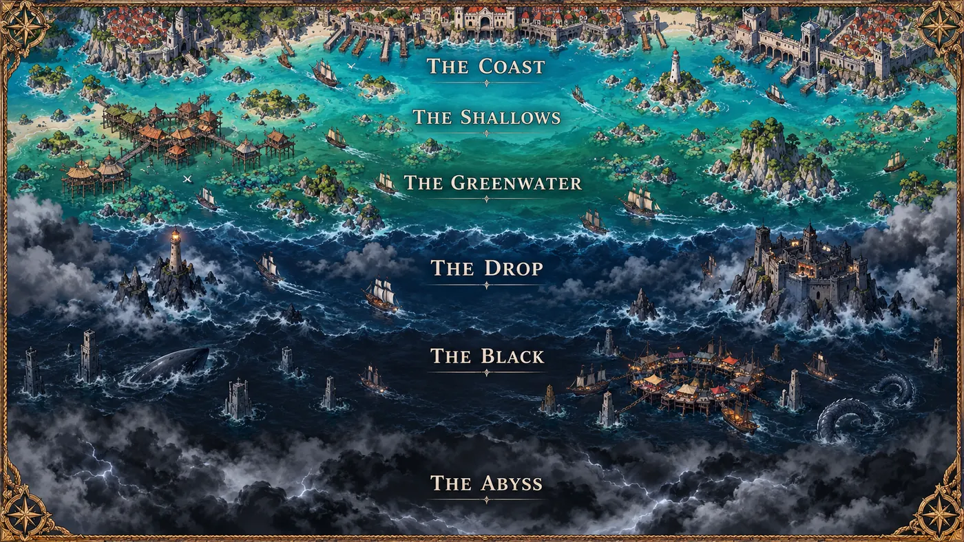 A sea chart showing the Coast, the Shallows, the Greenwater, the Drop, the Black and the Abyss from top to bottom