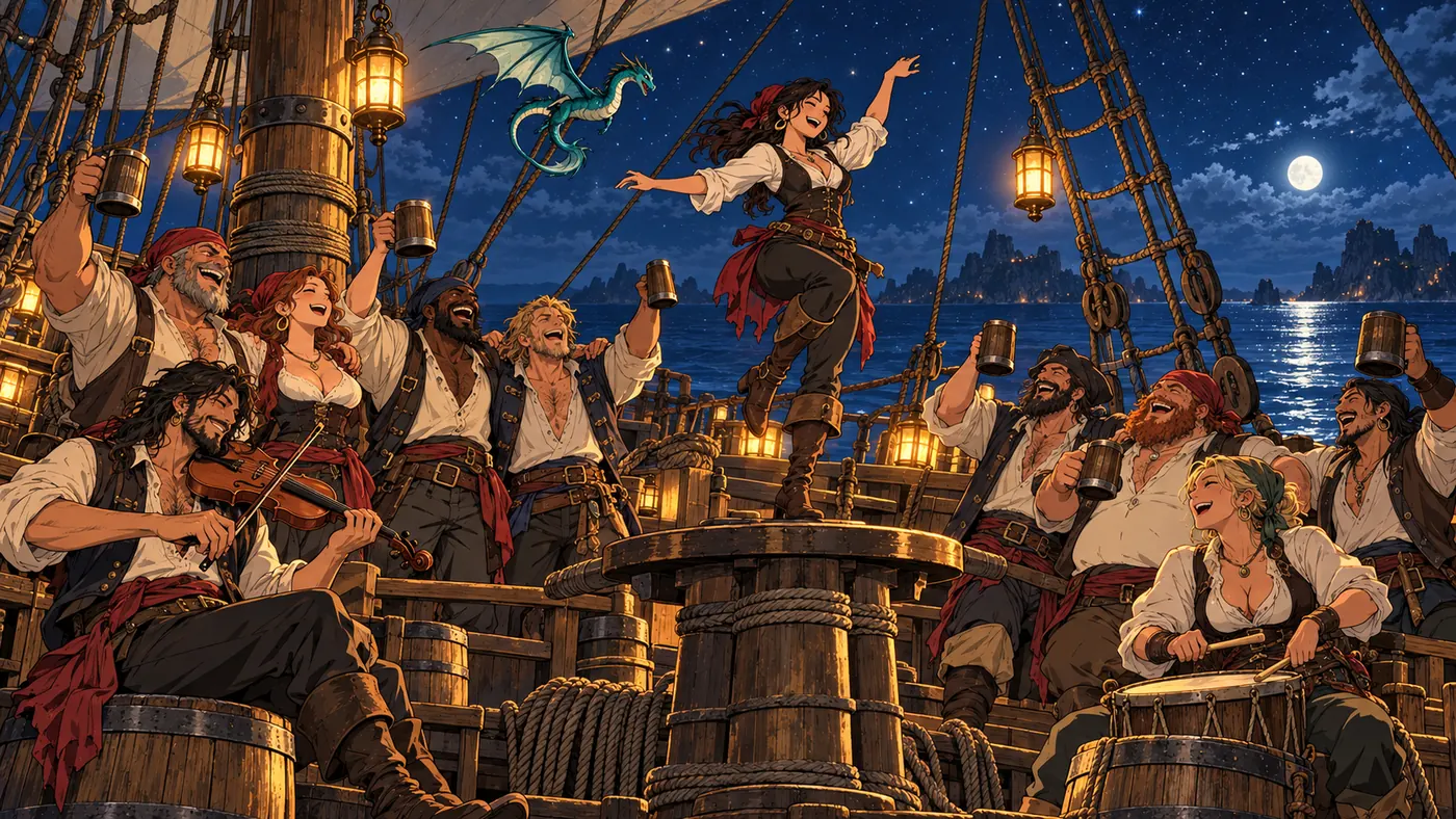 A crew singing a shanty on deck under the moon