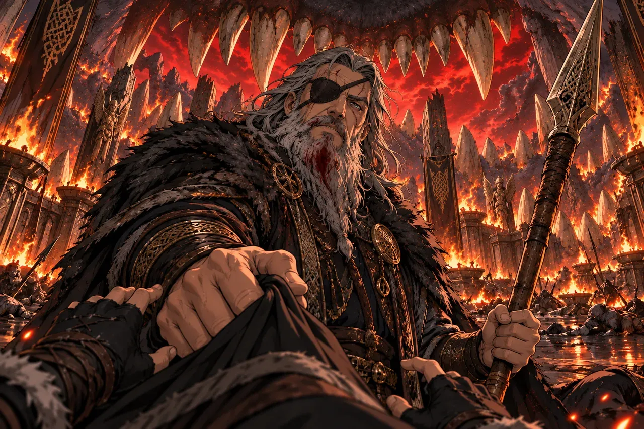Odin, one eye and a bloodied grey beard, holding you by the collar while a wolf's jaws close around Valhalla