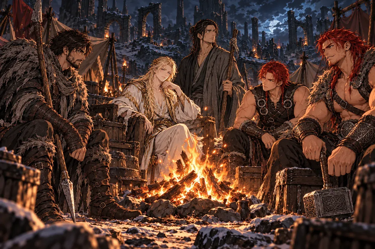 Three camps around one fire at night: Víðarr alone, Baldr with Höðr, and the sons of Thor with the hammer