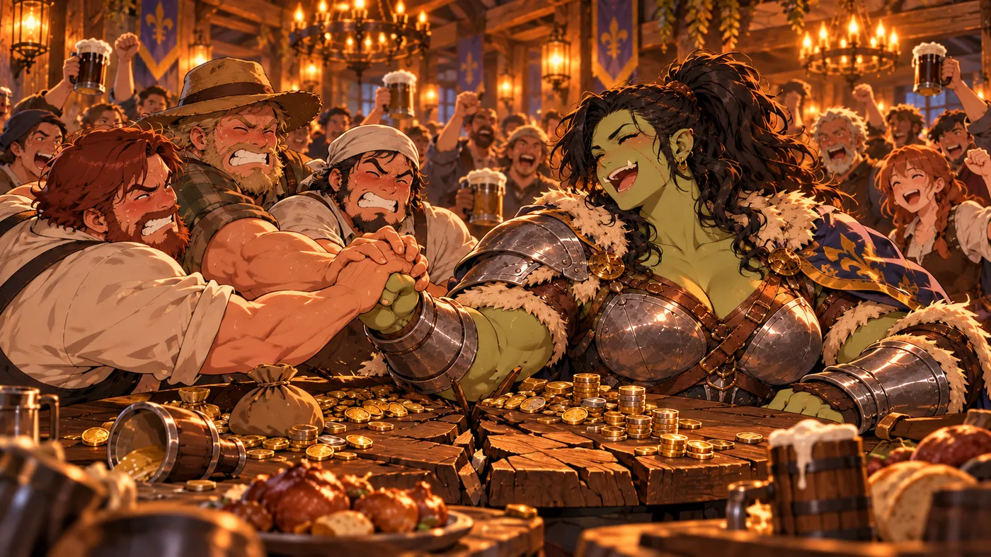Brakka arm-wrestles several farmers at once