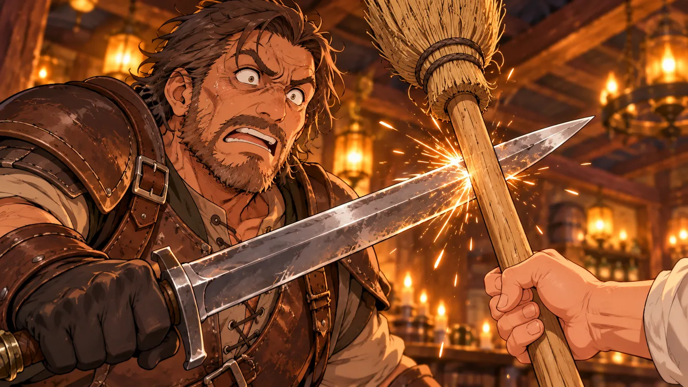 The tavern keeper stops a real sword with a broom