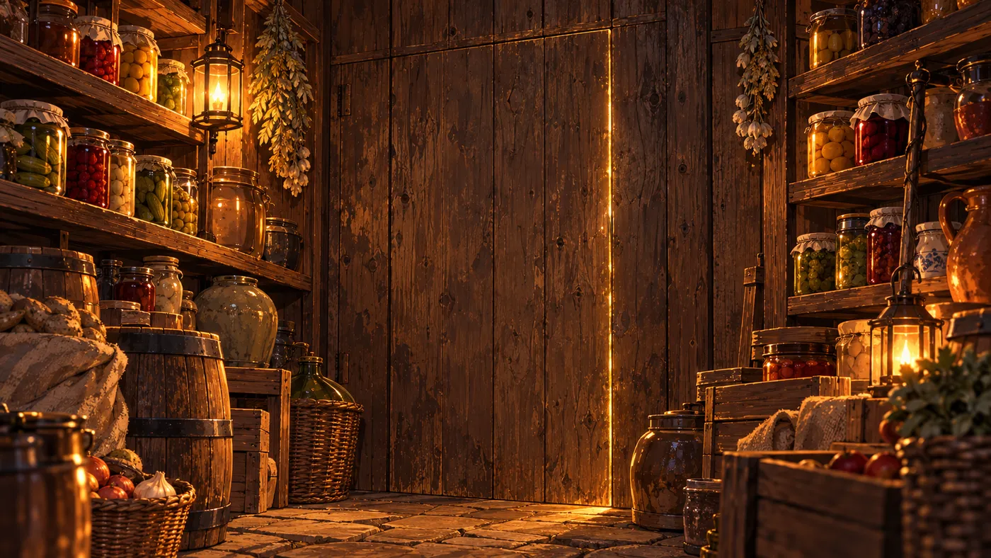A false wooden panel in the cellar wall, behind shelves of preserves