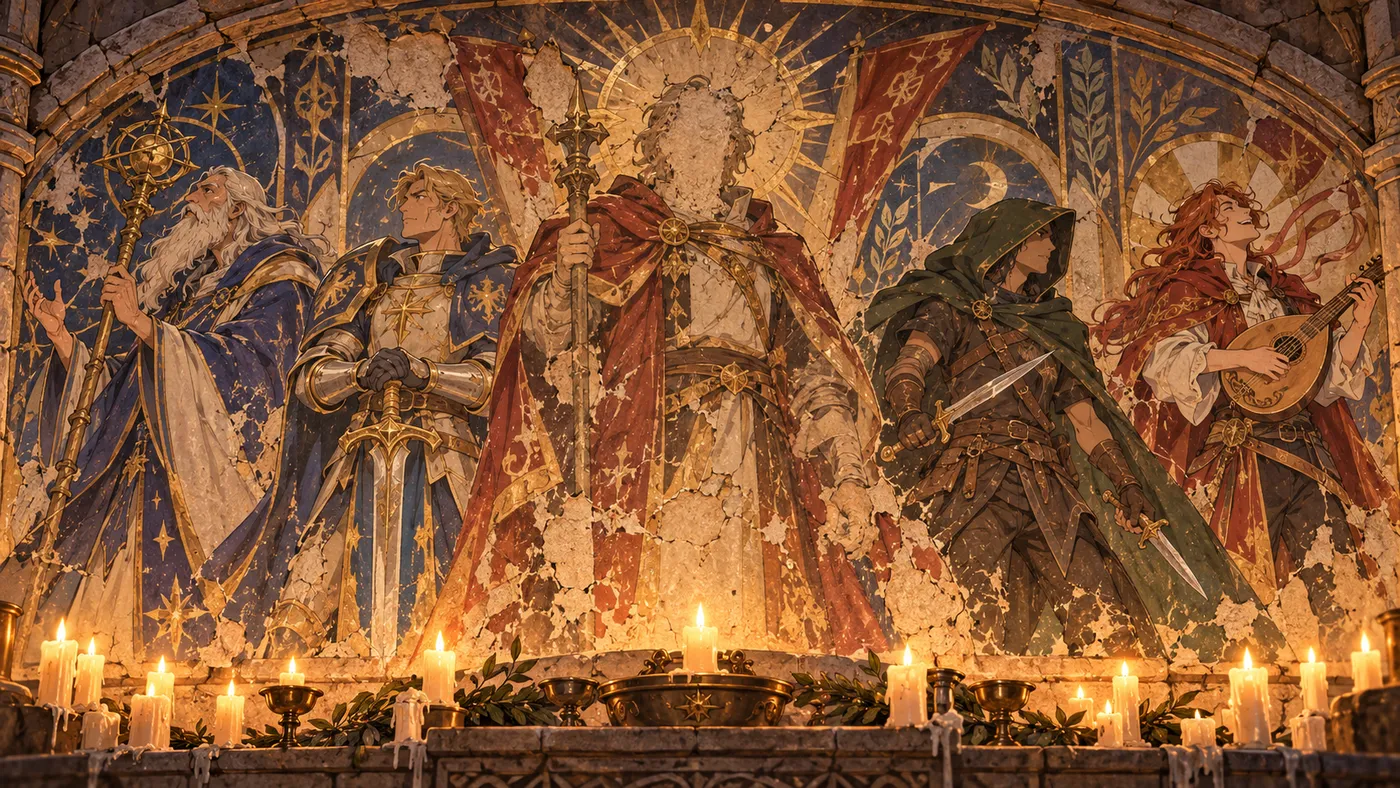 An old temple fresco of five heroes, one face worn away