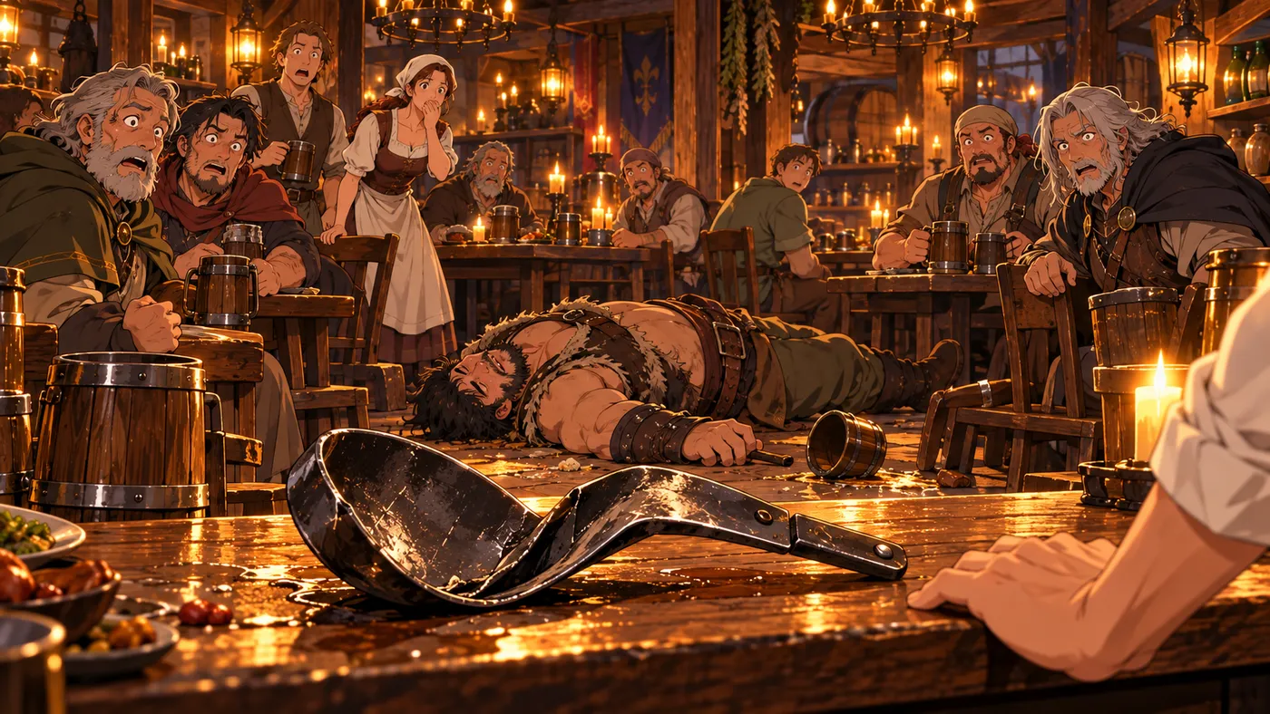 A thug out cold next to a frying pan bent in half