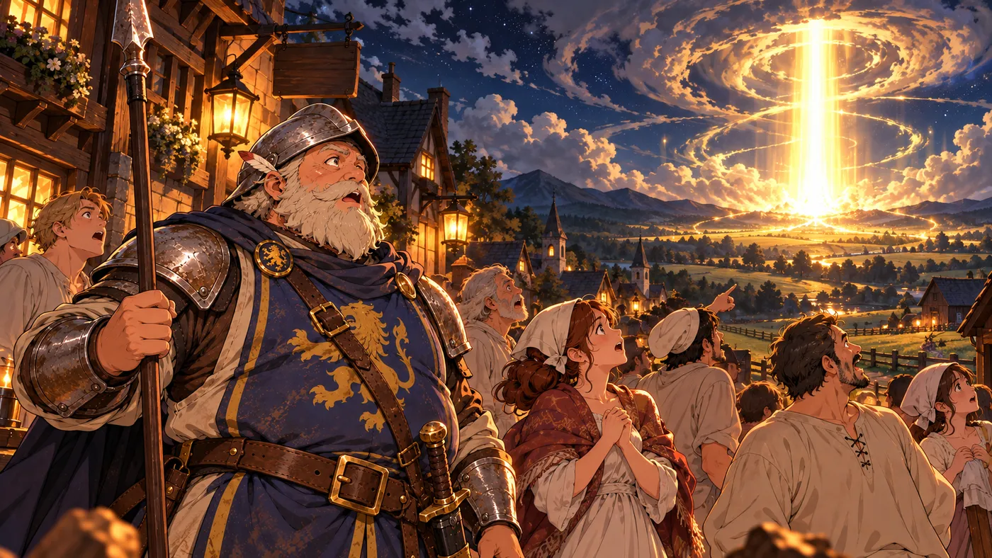 A pillar of golden light rises over the pasture as the town watches