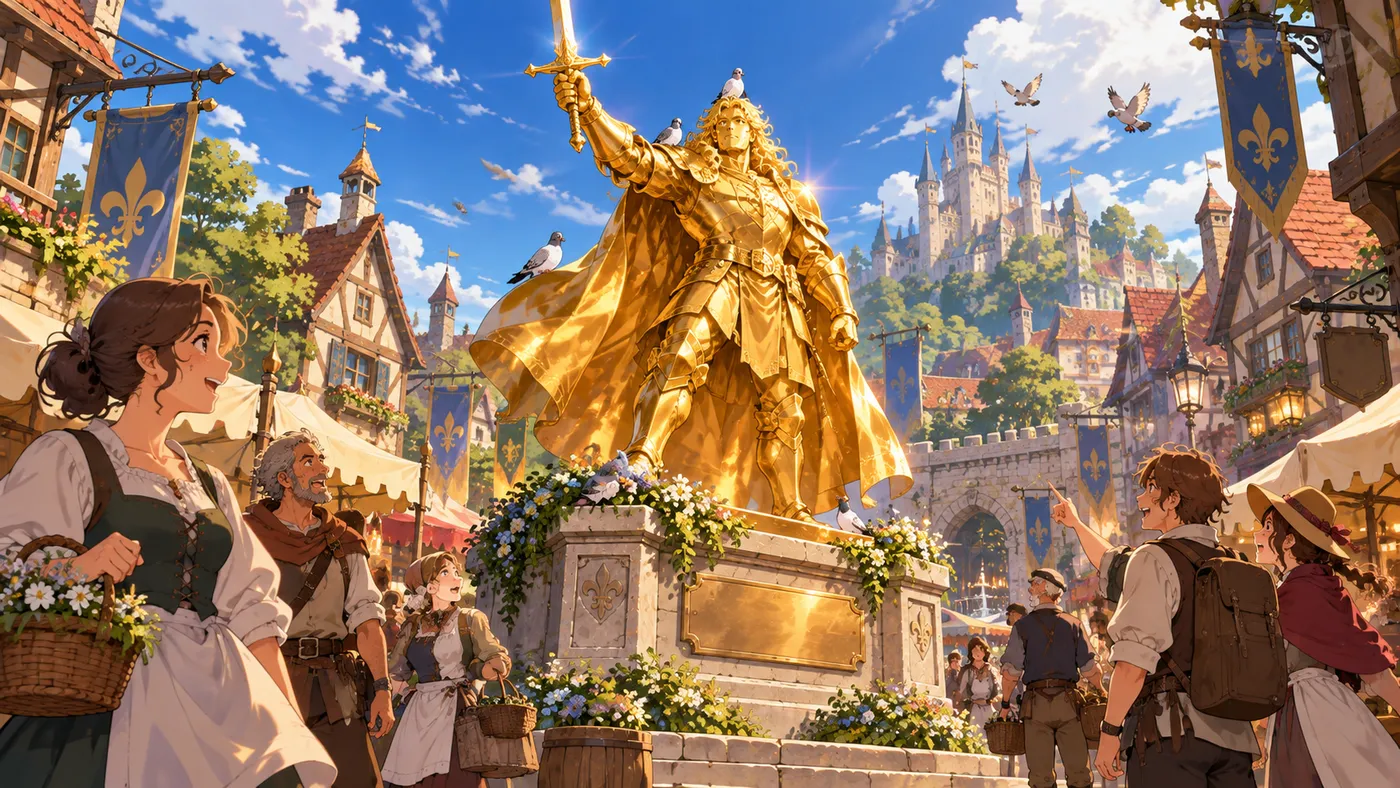 A seven-foot golden statue of the Hero in Brindlewick's square