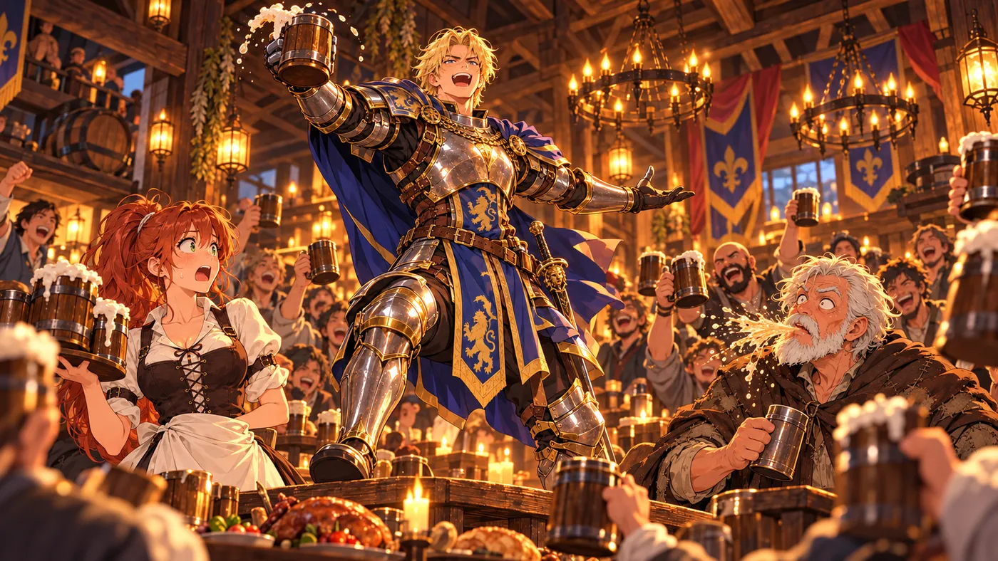 Sir Dorian on a table, pointing at the tavern keeper