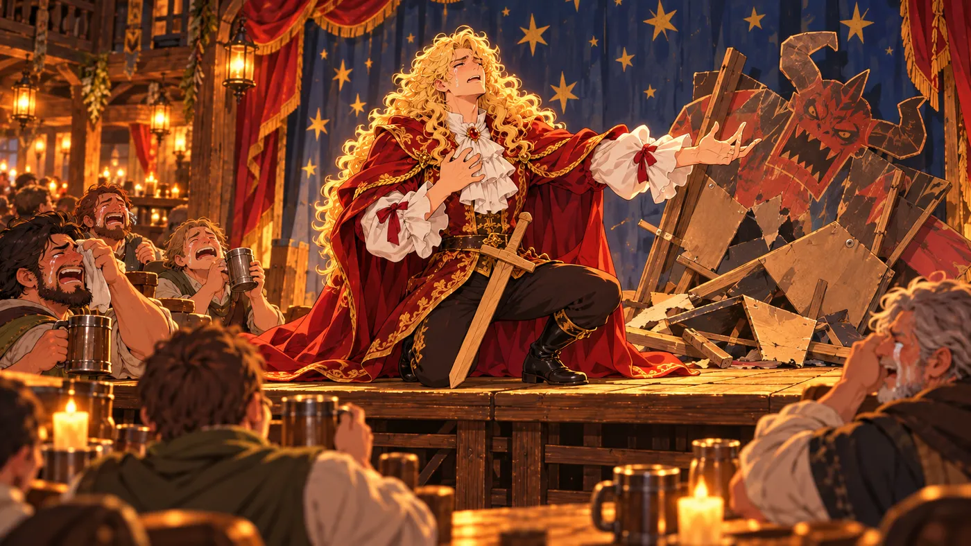 An actor in a golden wig performing the Hero's death scene